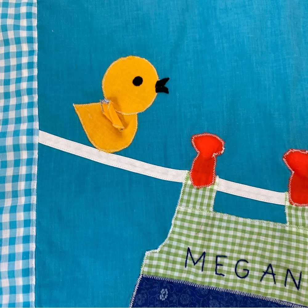 Vintage MCM Handmade Baby Quilt Blanket Plaid Embroidered